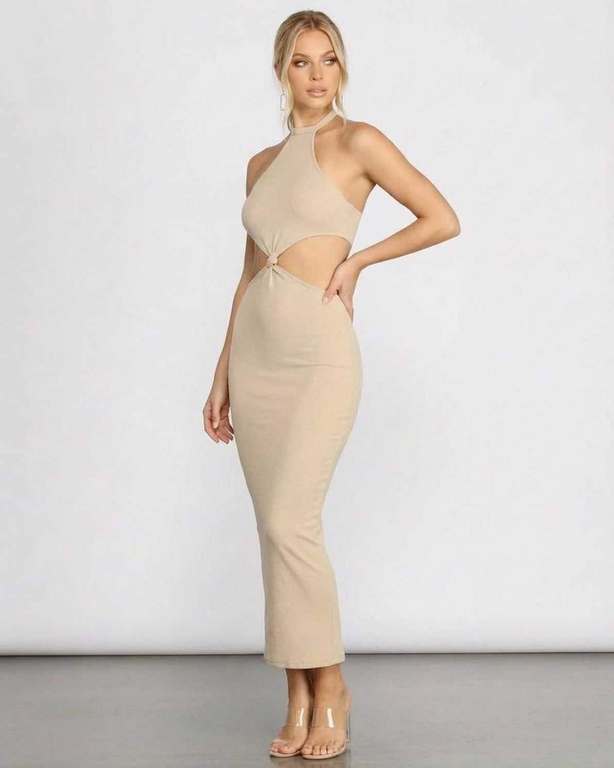 Dama Midi Dress by RAMBLION, beige halter dress with center knot and cutouts, perfect for summer occasions.