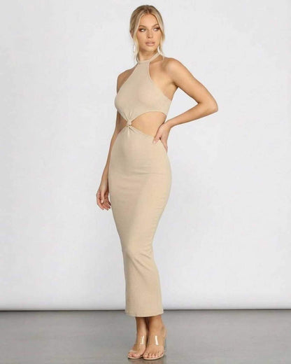 Dama Midi Dress by RAMBLION, beige halter dress with center knot and cutouts, perfect for summer occasions.