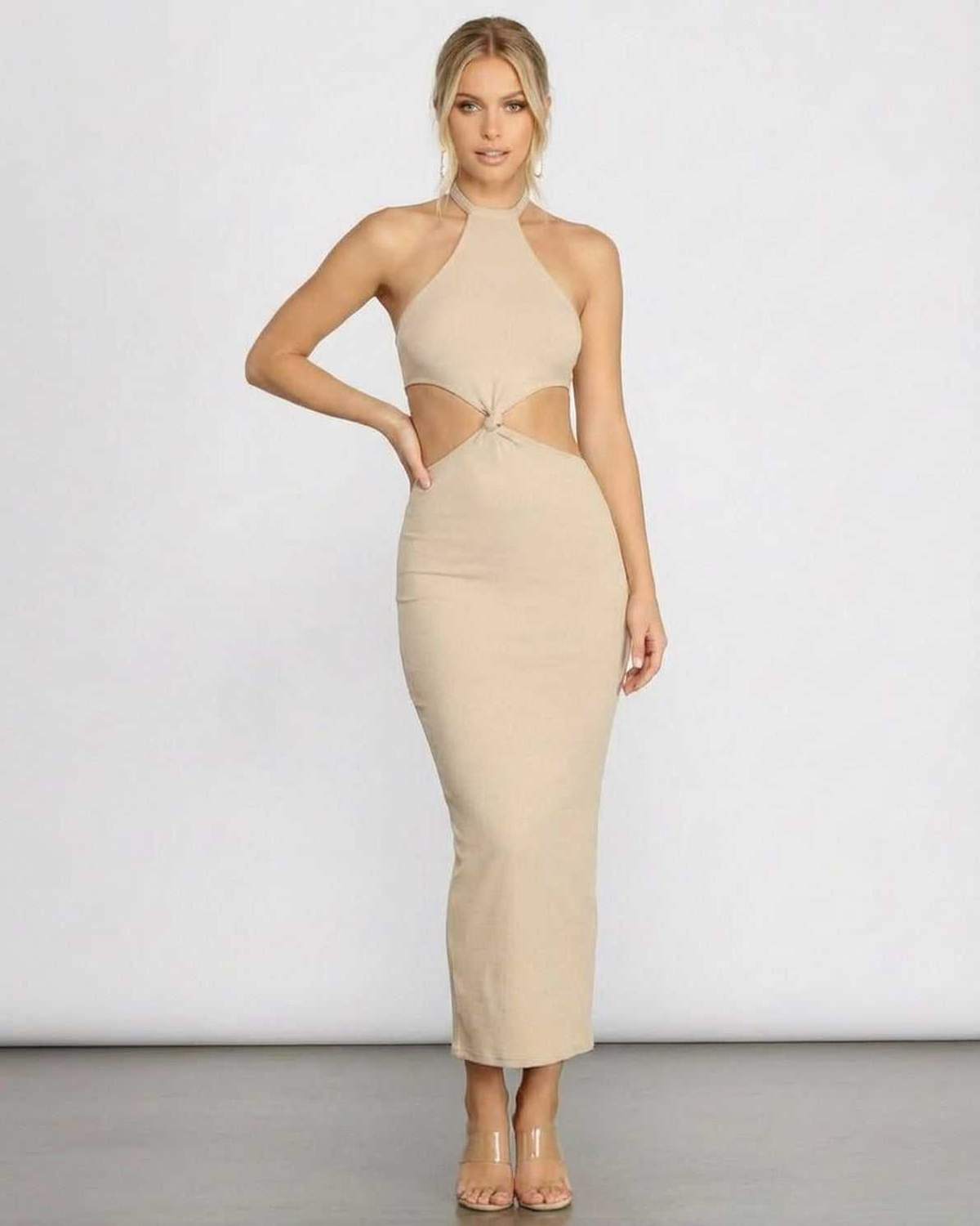 Dama Midi Dress by RAMBLION in beige, halter design, ribbed knit, trendy cutouts, perfect for summer occasions.