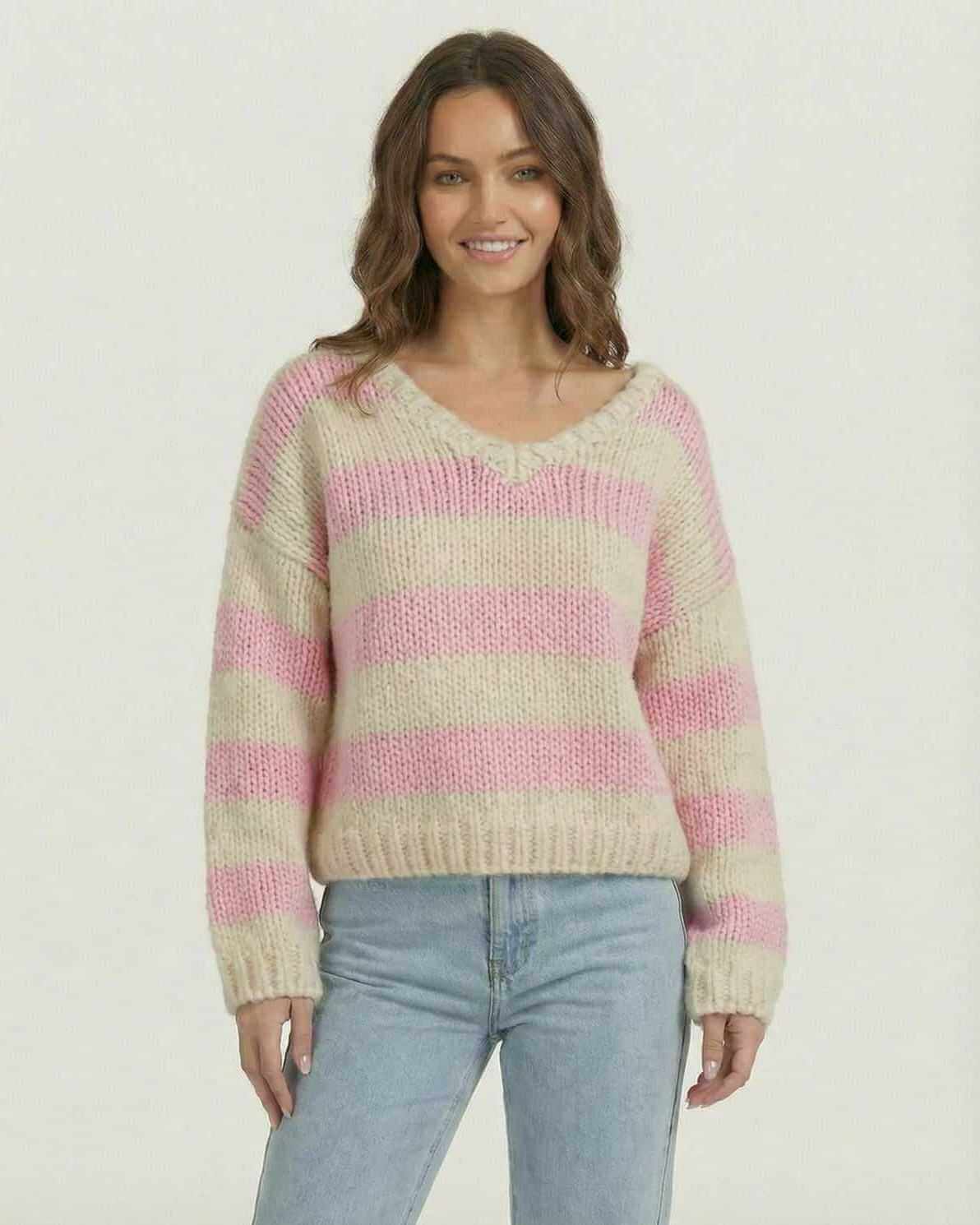 Dama Pullover by RAMBLION, V-neck striped pink and ivory knitwear, cozy and stylish for casual outings.