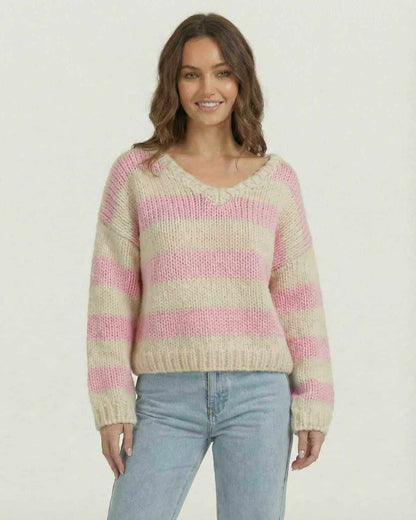 Dama Pullover by RAMBLION, V-neck striped pink and ivory knitwear, cozy and stylish for casual outings.