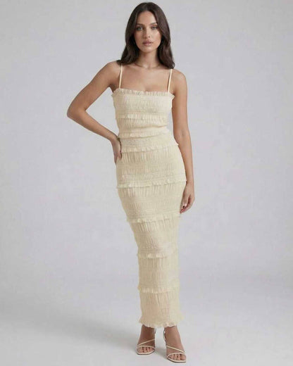 Alt Tag: Damask Maxi Dress - Beige ankle-length satin dress with square neck, luxurious feel, perfect for elegant events by RAMBLION.