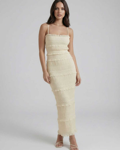 Sophisticated Damask Maxi Dress by RAMBLION, featuring textured satin, square neck, perfect for elegant events.