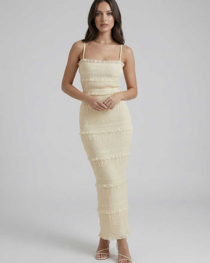 Damask Maxi Dress in beige, lightweight polyester satin, square neck, elegant silhouette, perfect for any occasion, RAMBLION brand.
