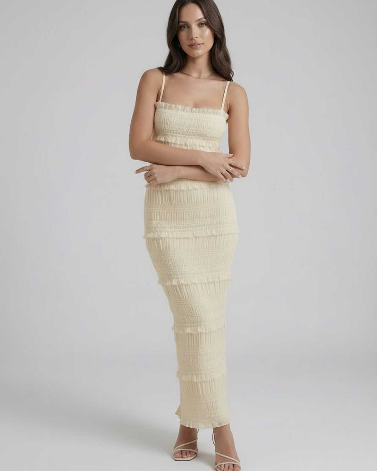 Damask Maxi Dress by RAMBLION in beige satin, elegant ankle-length design, perfect for upscale occasions and comfortable wear.