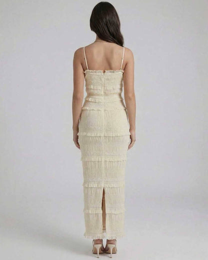Back view of Damask Maxi Dress by RAMBLION, showcasing textured design and elegant fit for special occasions.