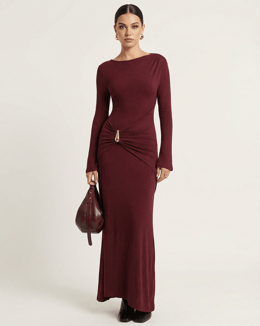 Dano Maxi Dress in deep wine-red, 100% cotton, round neck, stylish for elegant occasions by RAMBLION.