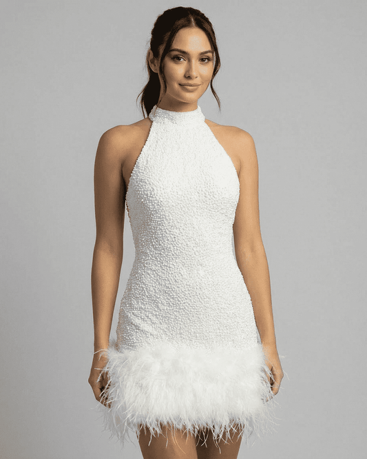 Dany Mini Dress by RAMBLION, white with sequin overlay and feathery hem, perfect for elegant occasions.
