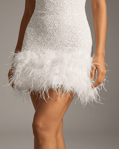Dany Mini Dress featuring a sleeveless design, sequin overlay, feather trim, perfect for glamorous occasions by RAMBLION.