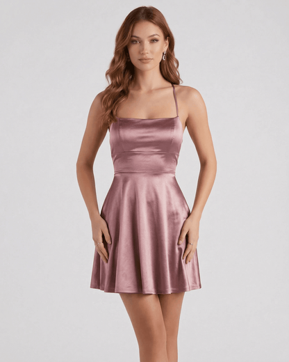 Dara Mini Dress by RAMBLION in soft pink satin, square neck, perfect for elegant occasions and stylish comfort.