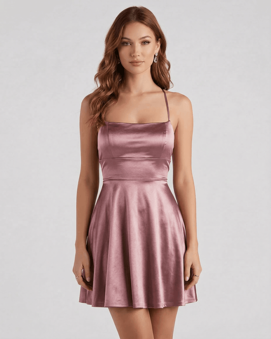 Dara Mini Dress in soft pink satin, square neck, A-line style by RAMBLION for elegant occasions.