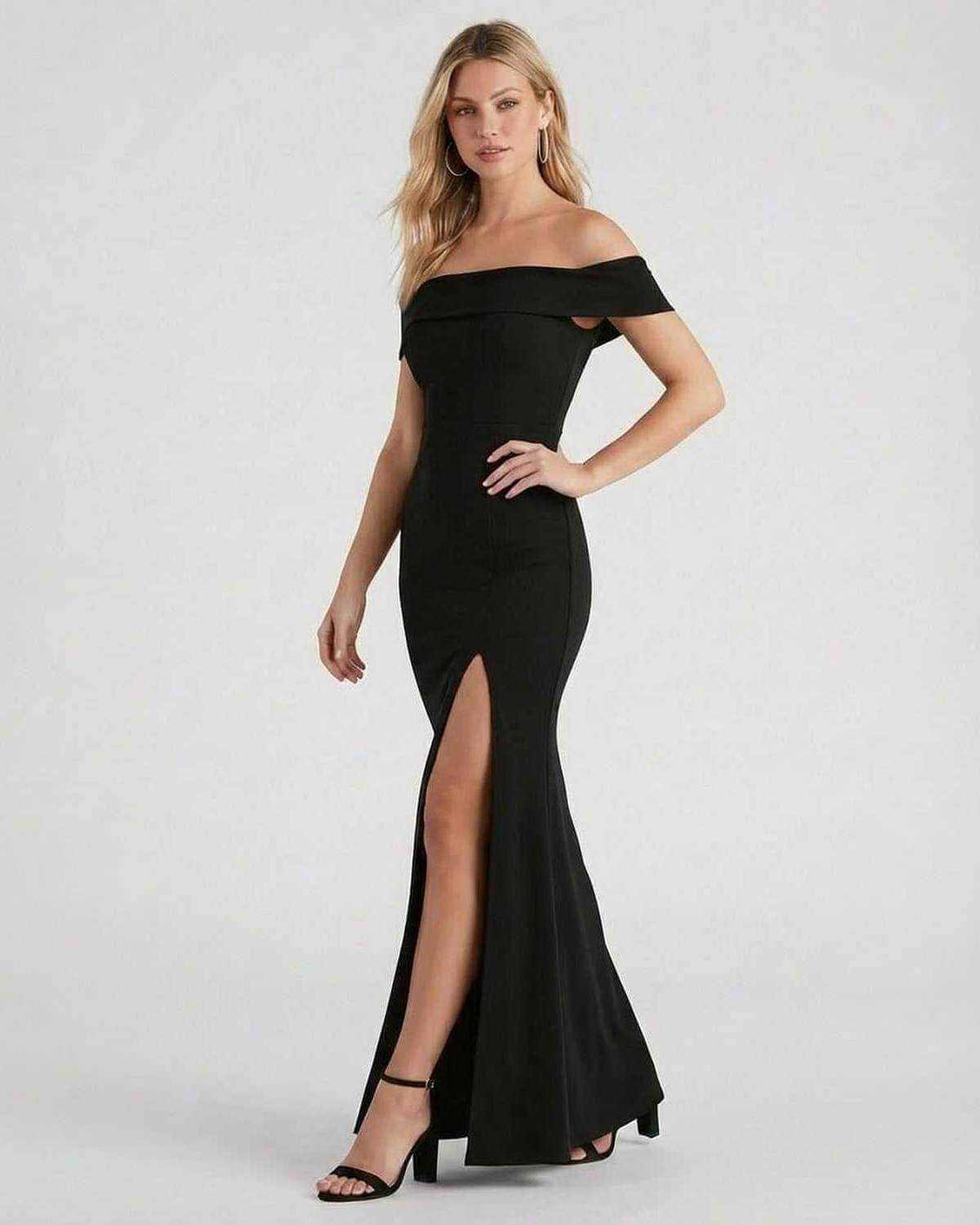 Dare Maxi Dress by RAMBLION, black ankle-length, off-shoulder, elegant look for formal occasions.