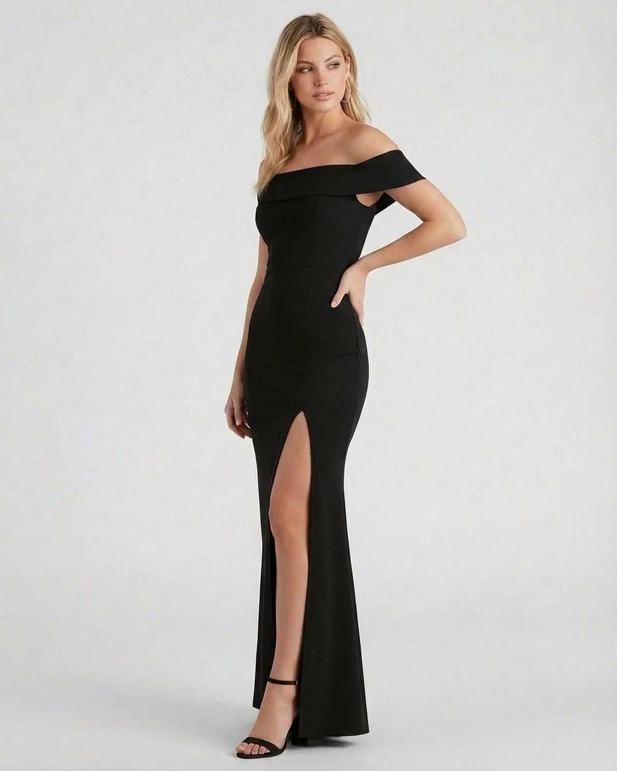 Dare Maxi Dress by RAMBLION, elegant off-shoulder black dress, ankle-length, perfect for formal occasions.