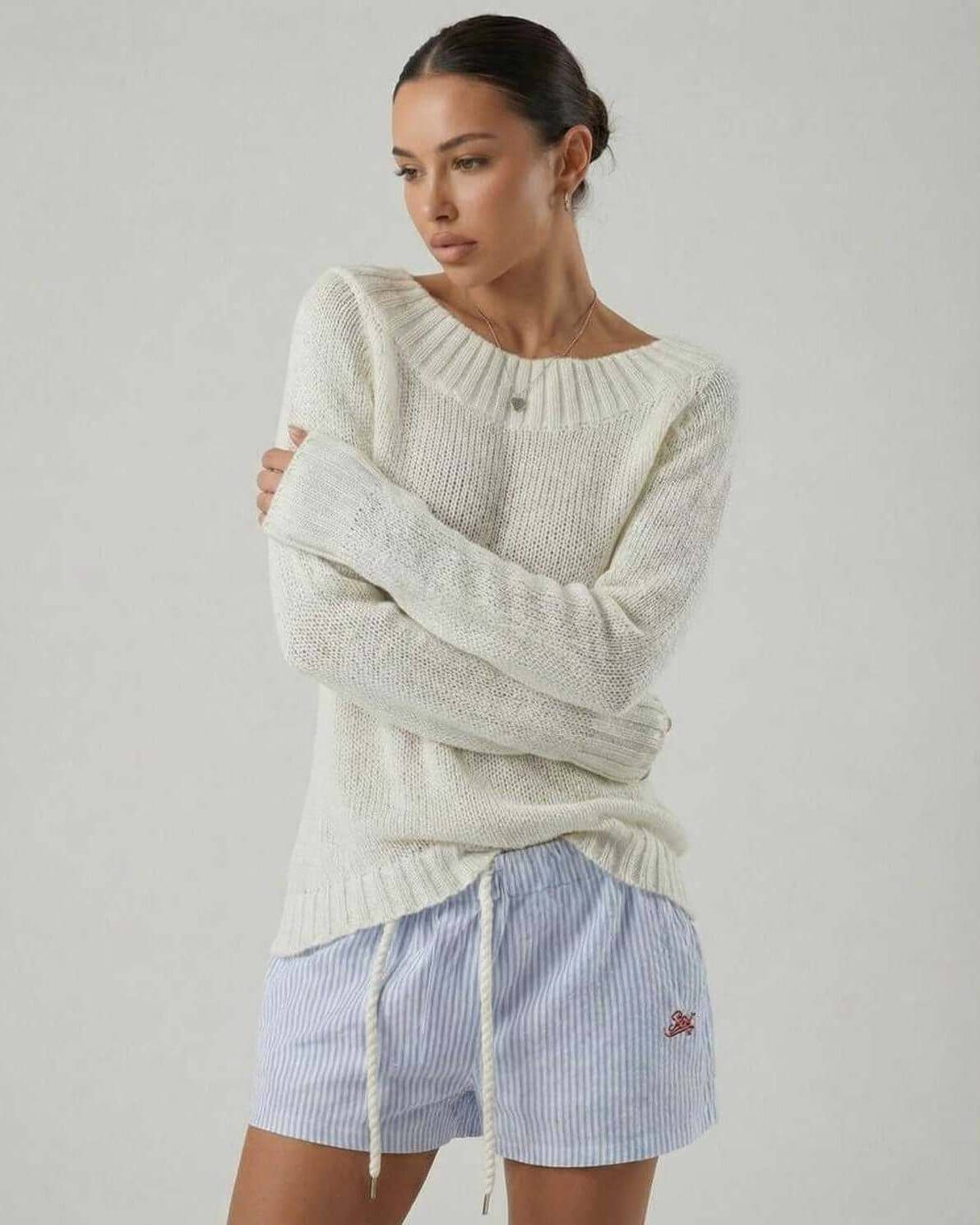 Dari Sweater by RAMBLION, white cozy sweater with boat neck, perfect for cool weather and casual occasions.