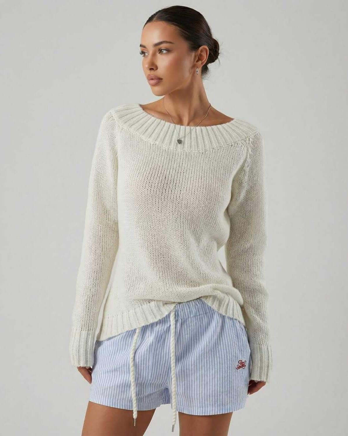 Dari Sweater by RAMBLION, white boat neck sweater, soft and stylish for casual wear or cooler weather.