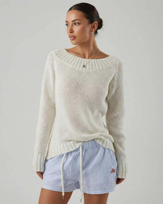 Dari Sweater by RAMBLION, white boat neck sweater, soft and stylish for casual wear or cooler weather.