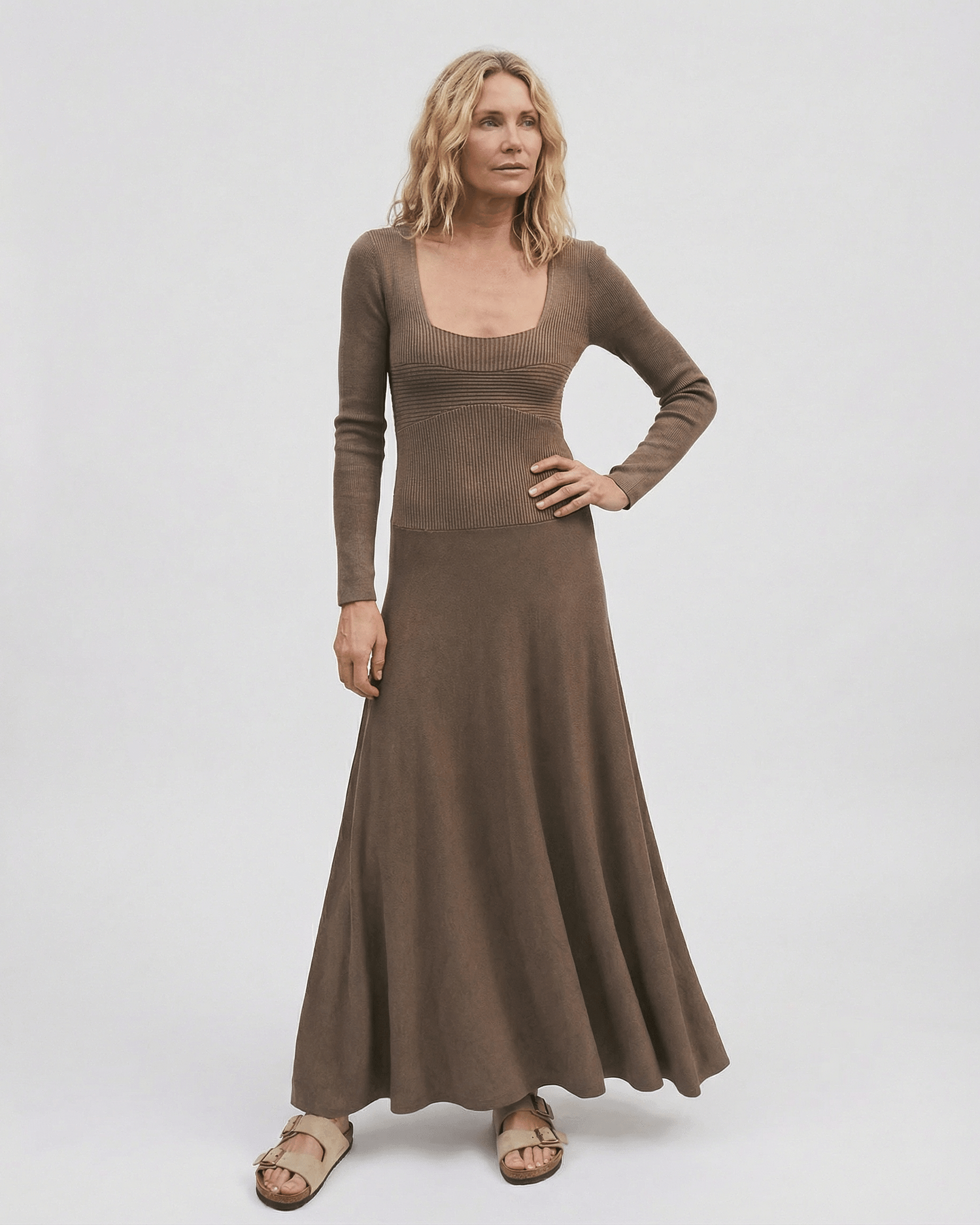 Darp Maxi Dress in brown, featuring square neck, long sleeves, pleated silhouette. Stylish and elegant for any occasion by RAMBLION.