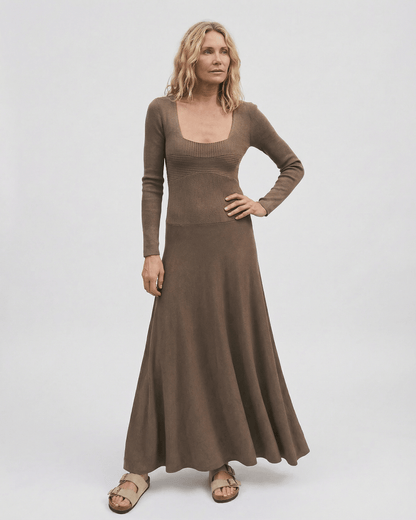 Darp Maxi Dress in brown, featuring square neck, long sleeves, pleated silhouette. Stylish and elegant for any occasion by RAMBLION.