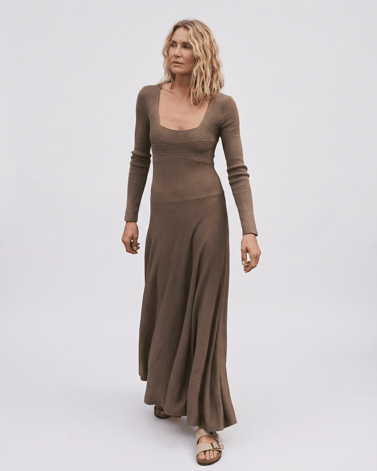 Darp Maxi Dress by RAMBLION: Brown ankle-length dress, square neck, pleated silhouette, perfect for chic occasions.