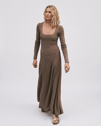 Darp Maxi Dress by RAMBLION: Brown ankle-length dress, square neck, pleated silhouette, perfect for chic occasions.