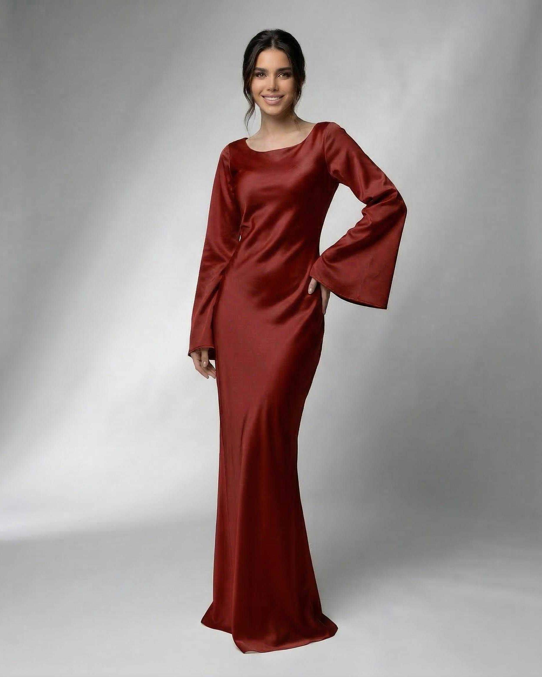 Dawn Maxi Dress by RAMBLION, elegant red satin dress, boat neck, formal occasion, timeless sophistication.