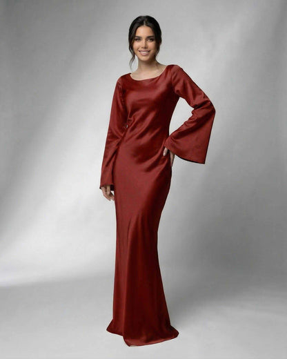 Dawn Maxi Dress by RAMBLION, elegant red satin dress, boat neck, formal occasion, timeless sophistication.