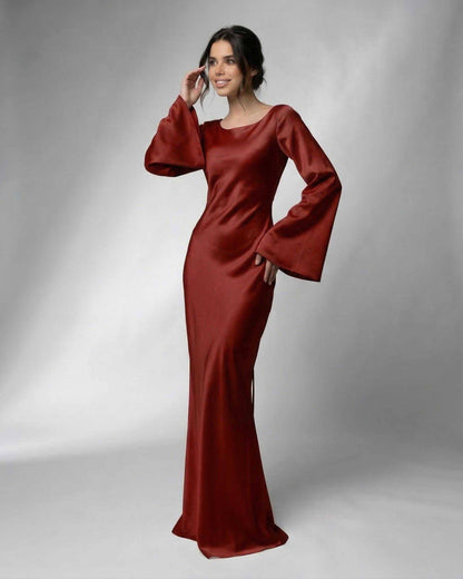 Dawn Maxi Dress by RAMBLION, red satin, boat neck, elegant design for formal occasions.