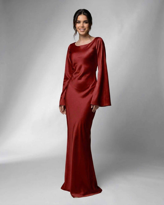 Dawn Maxi Dress by RAMBLION, red satin ankle-length dress, boat neck, elegant for formal occasions.