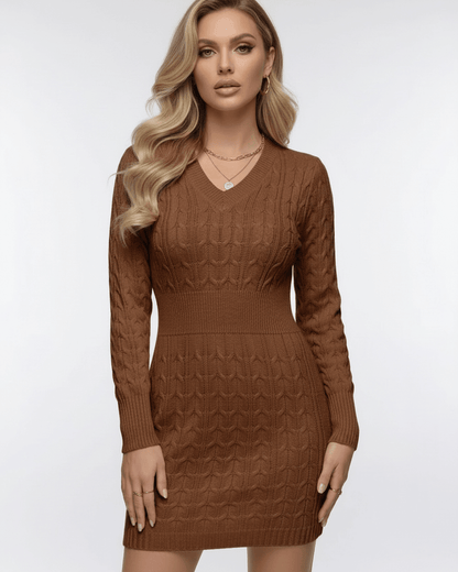 Dawn Mini Dress by RAMBLION, brown cable knit, V-neck, elegant and comfortable, perfect for casual occasions.