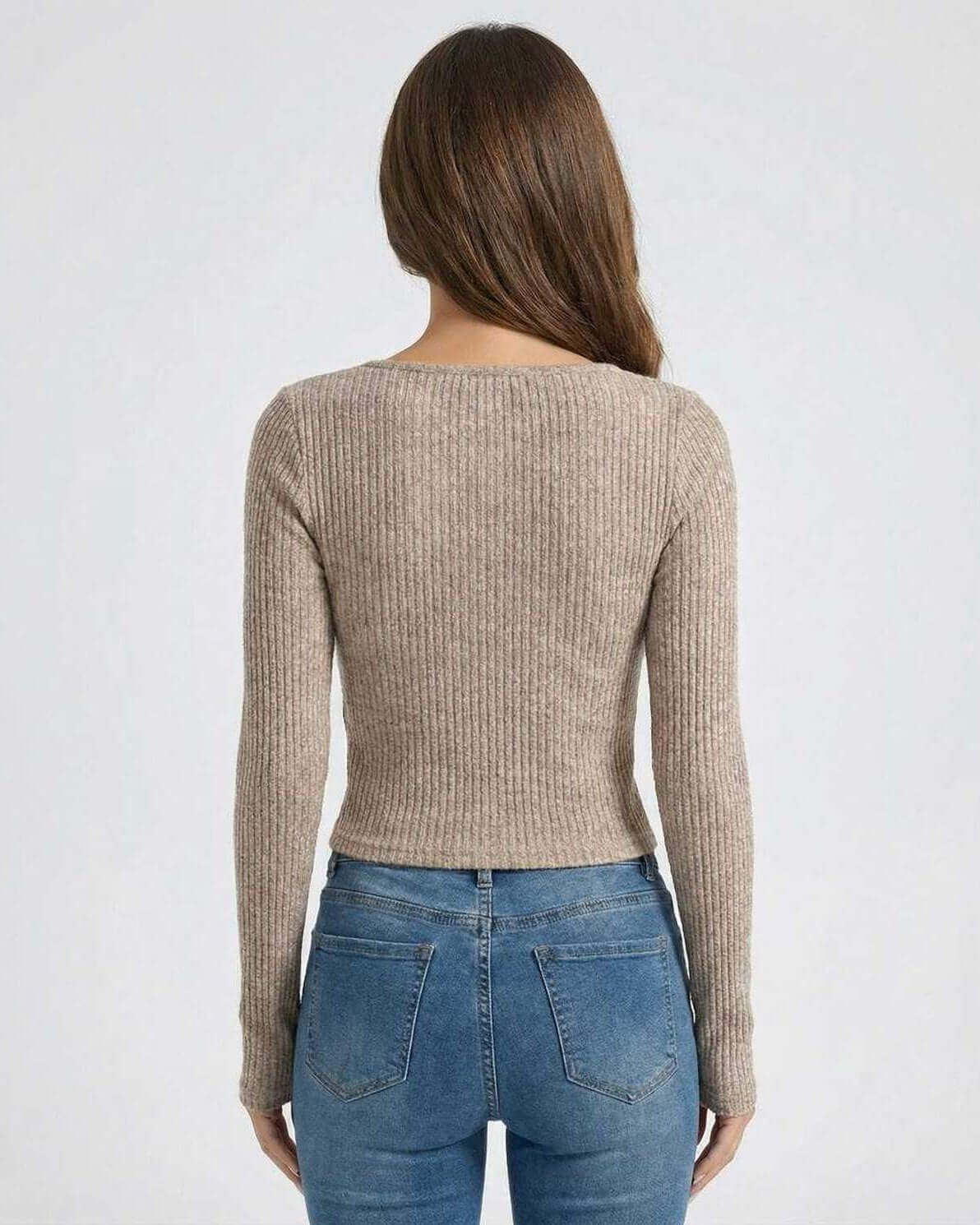 Dawn Pullover back view showcasing ribbed texture, beige color, and comfortable fit for casual occasions by RAMBLION.