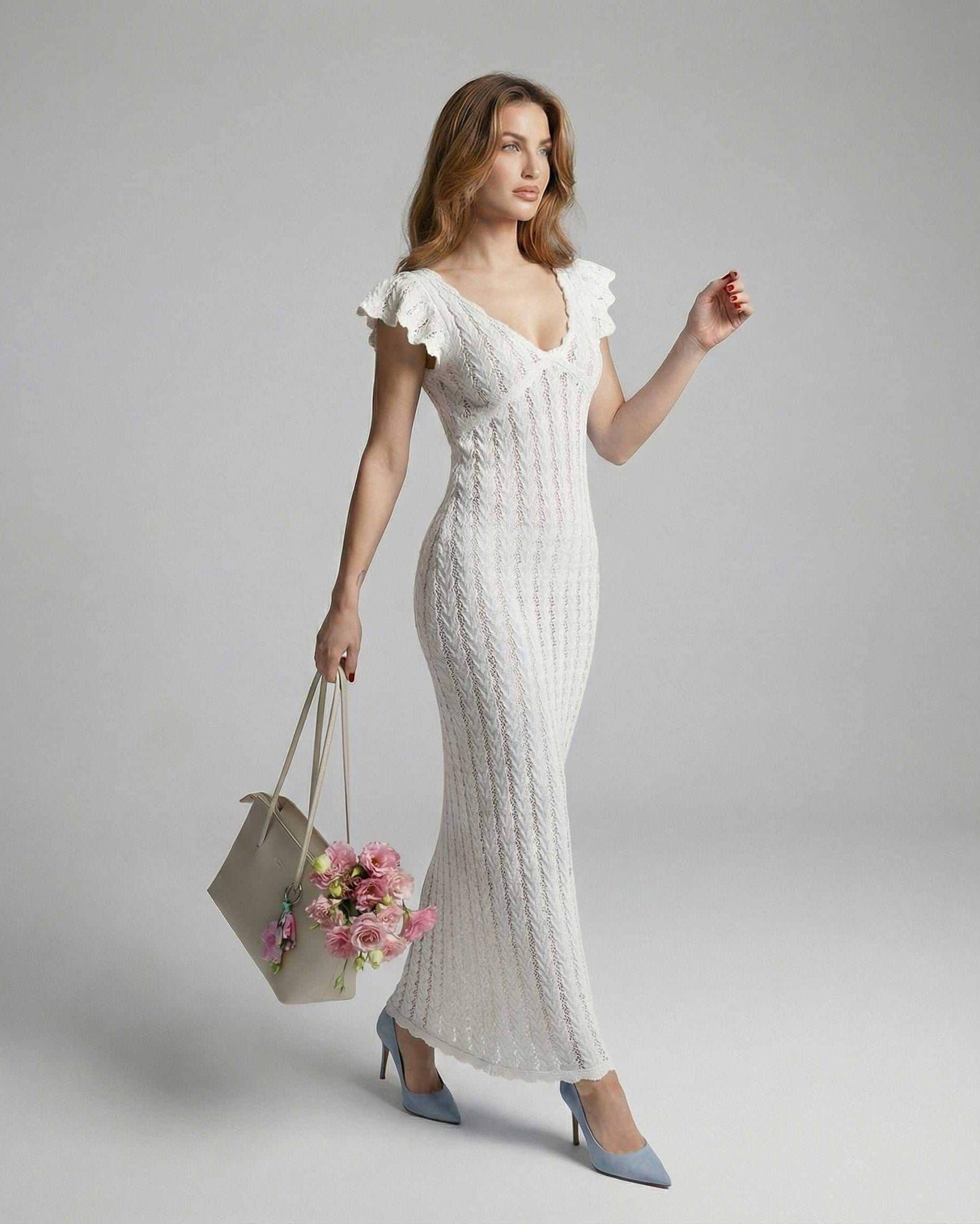 Deva Maxi Dress: Elegant white cotton dress with V-neck, ruffles, perfect for romantic occasions, by RAMBLION.