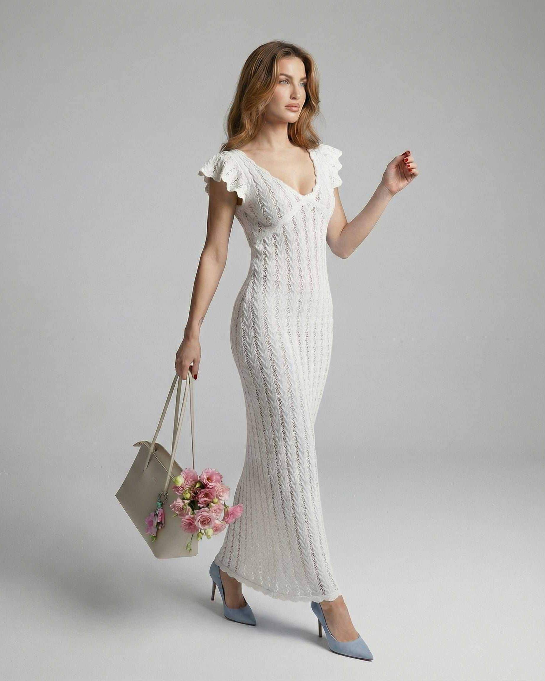 Deva Maxi Dress: Elegant white cotton dress with V-neck, ruffles, perfect for romantic occasions, by RAMBLION.