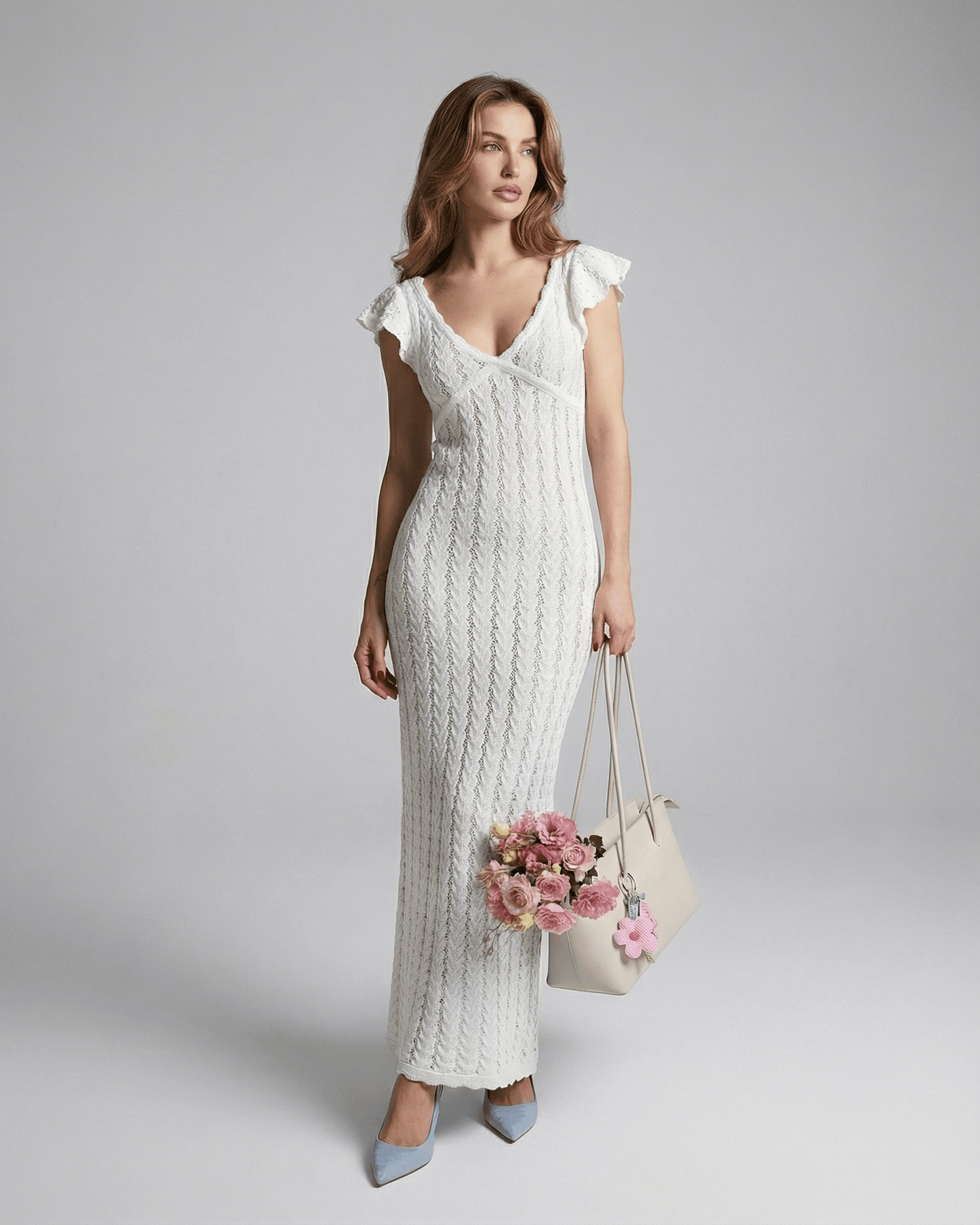 Deva Maxi Dress by RAMBLION, white ankle-length, V-neck, cotton, feminine ruffles, perfect for special occasions.