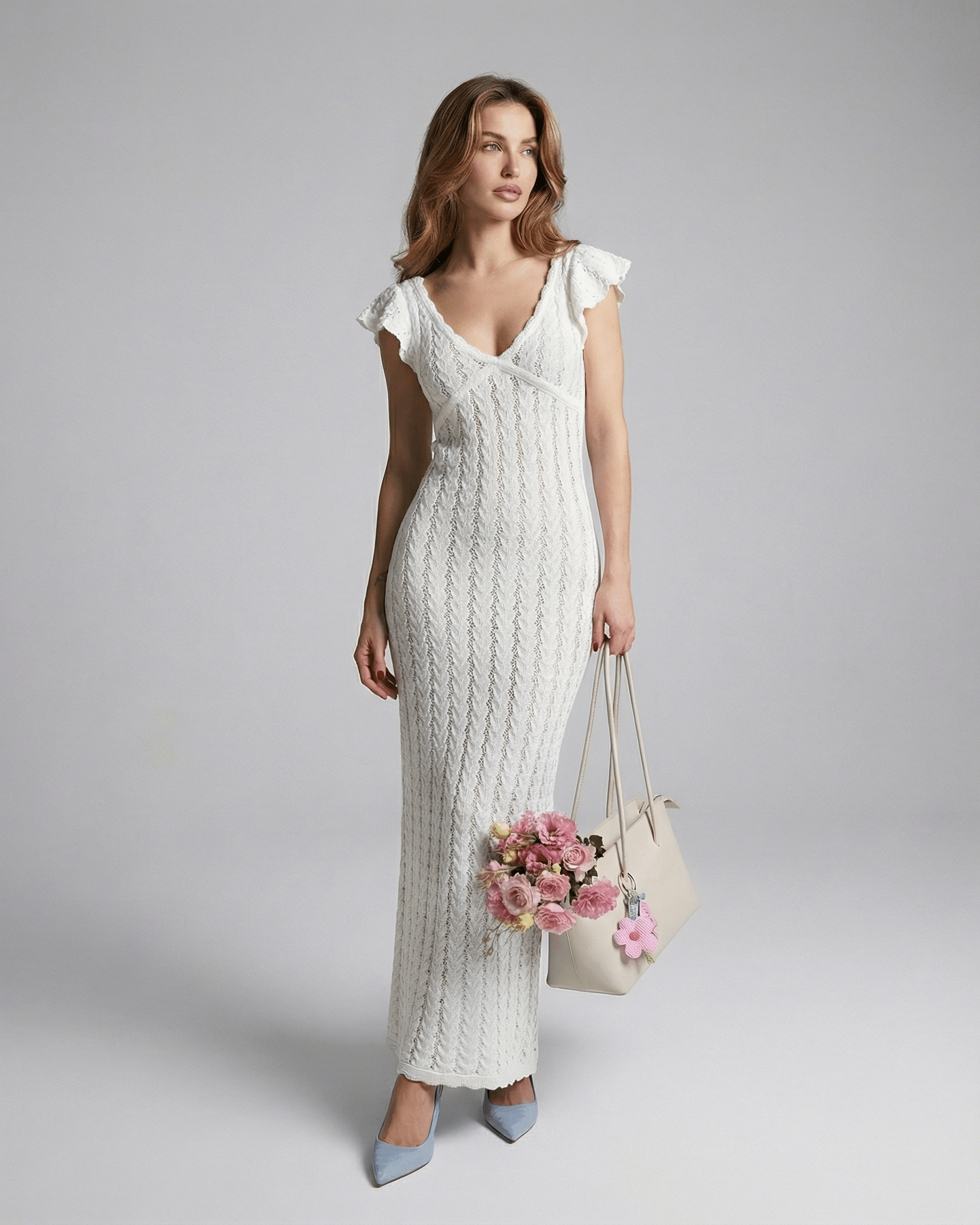 Deva Maxi Dress by RAMBLION, white ankle-length, V-neck, cotton, feminine ruffles, perfect for special occasions.