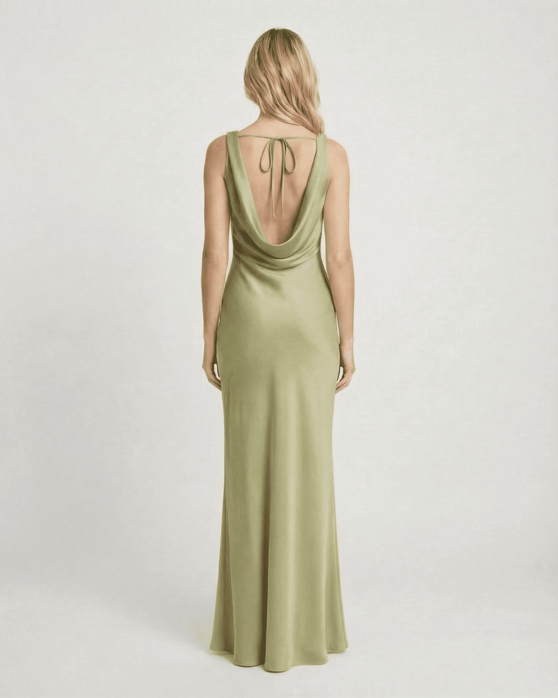 Devore Maxi Dress in green satin with back cowl neckline, perfect for evening wear by RAMBLION.