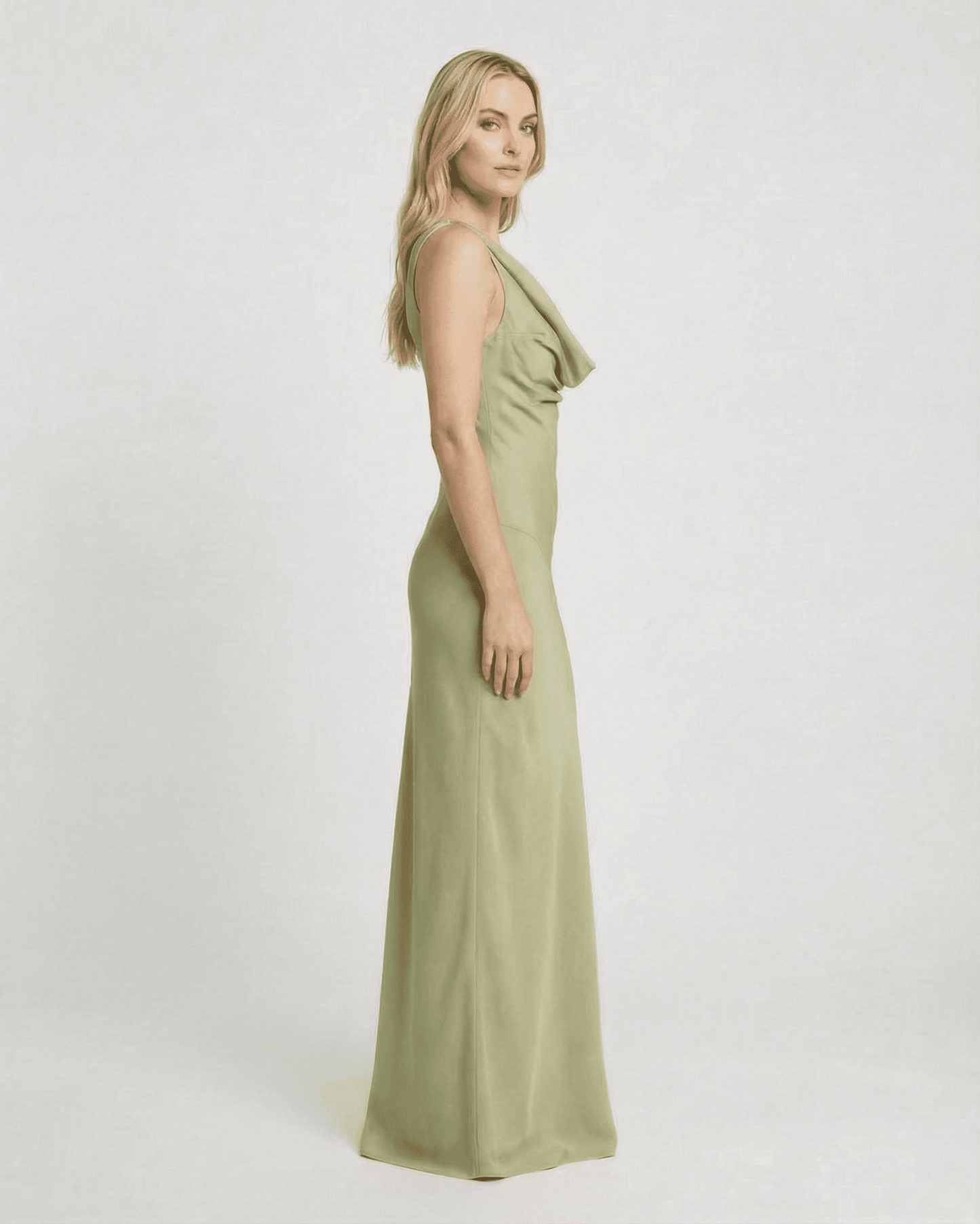 Devore Maxi Dress in green satin, featuring a draped cowl neckline, perfect for elegant evening occasions by RAMBLION.