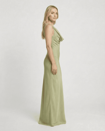Devore Maxi Dress in green satin, featuring a draped cowl neckline, perfect for elegant evening occasions by RAMBLION.
