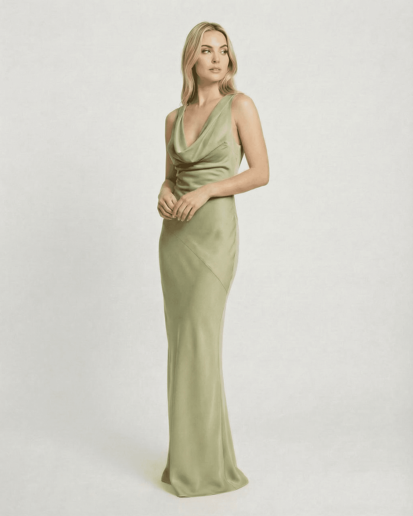 Devore Maxi Dress - Green polyester satin with halter neck, elegant for evening wear, by RAMBLION.