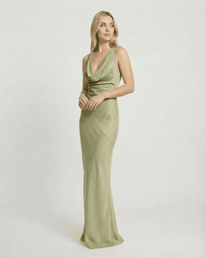 Devore Maxi Dress - Green polyester satin with halter neck, elegant for evening wear, by RAMBLION.