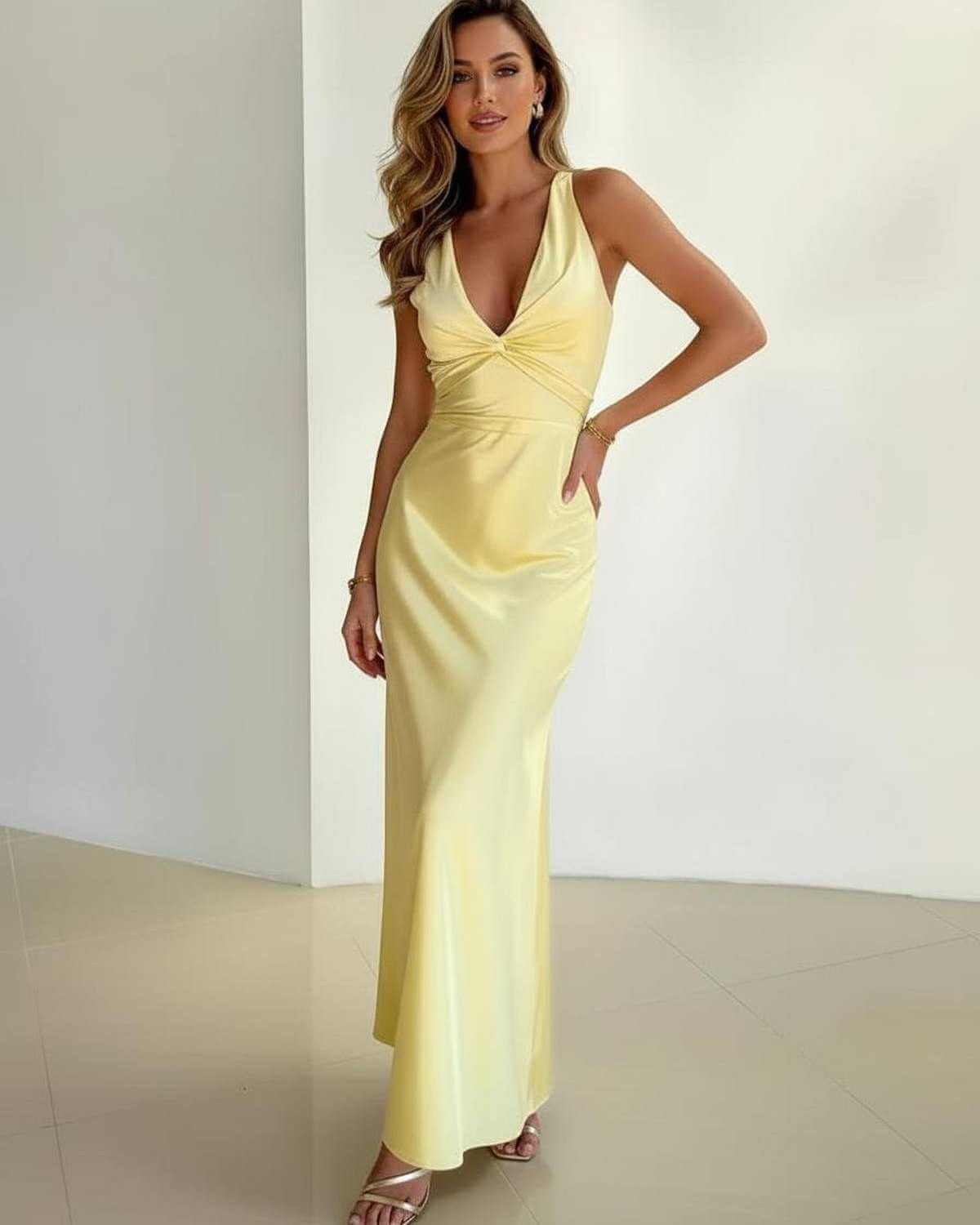 Dotted Maxi Dress by RAMBLION, elegant yellow satin, sleeveless V-neck, perfect for special occasions.