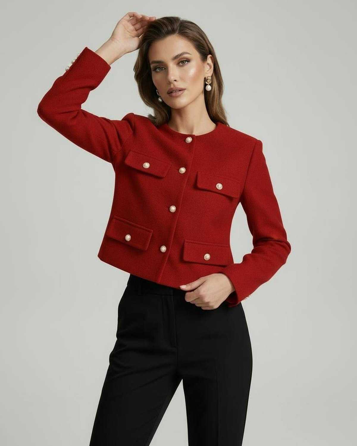 Dove Jacket by RAMBLION in red, tailored silhouette with button details, perfect for sophisticated occasions.