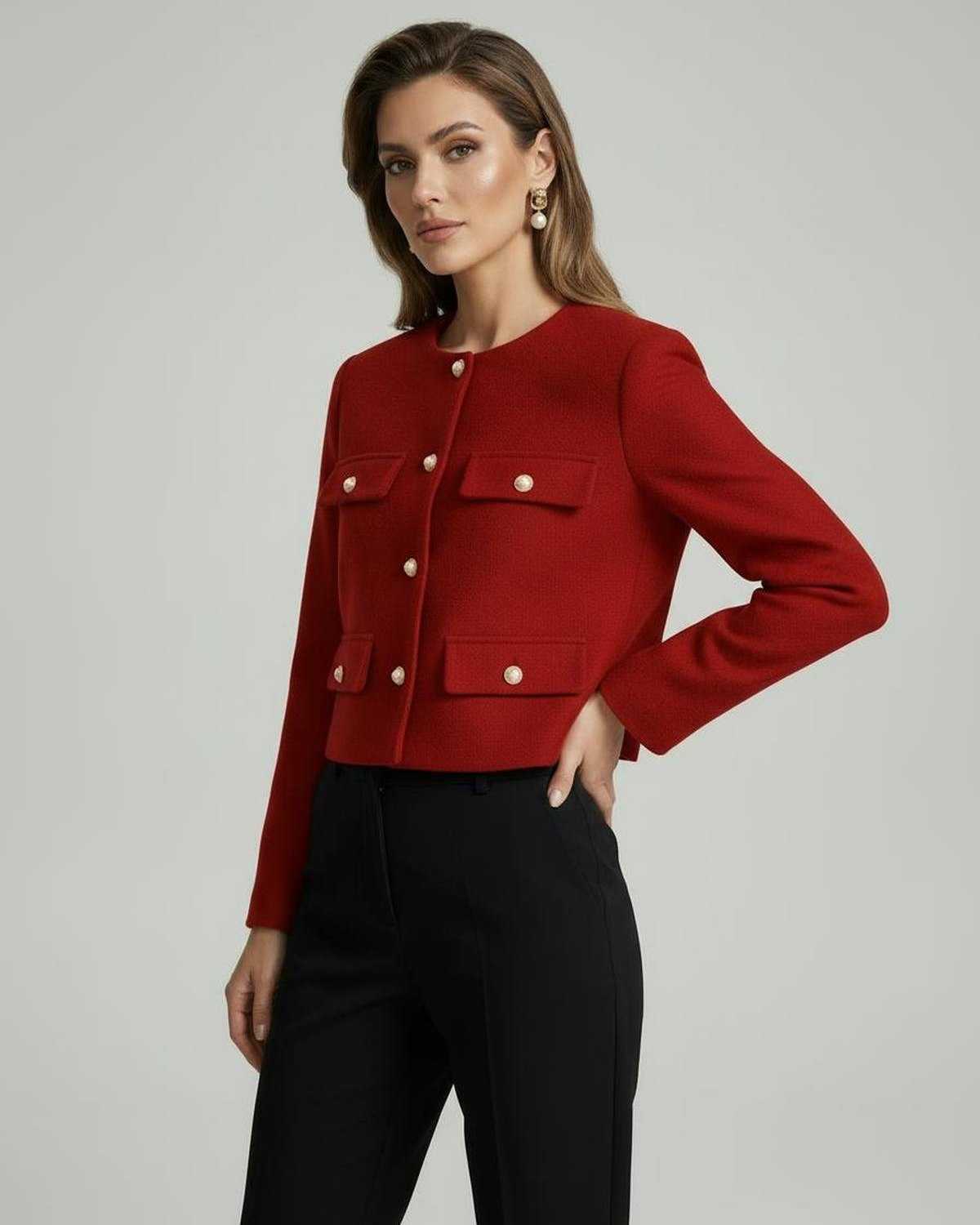 Dove Jacket by RAMBLION, luxurious red wool blend, chic tailored silhouette, perfect for sophisticated occasions.