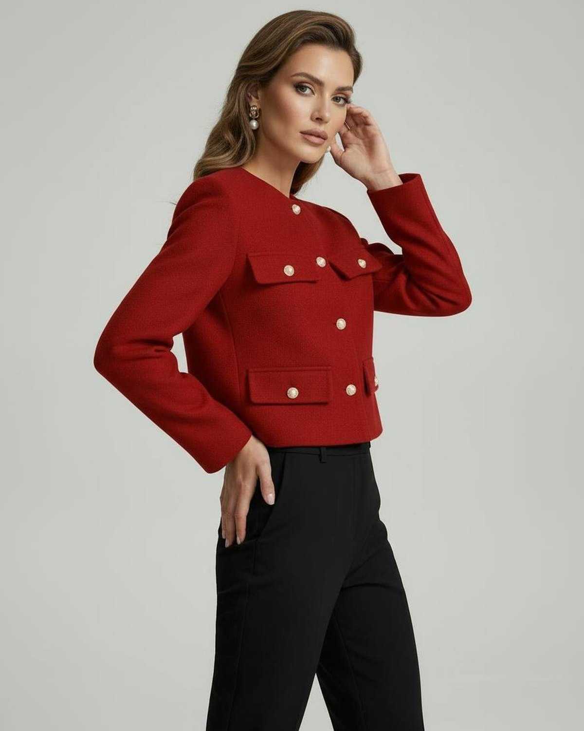 Dove Jacket in red with tailored silhouette, featuring pockets and buttons, by RAMBLION for a sophisticated look.