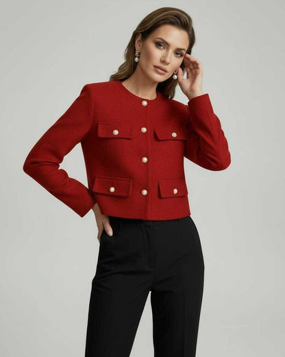 Dove Jacket by RAMBLION, tailored red wool blend, chic style perfect for upscale occasions.