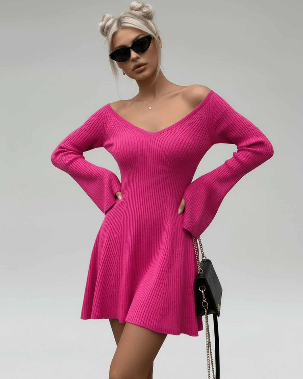 Dove Mini Dress in vibrant pink, featuring V neck and A-line silhouette, perfect for chic occasions - RAMBLION.