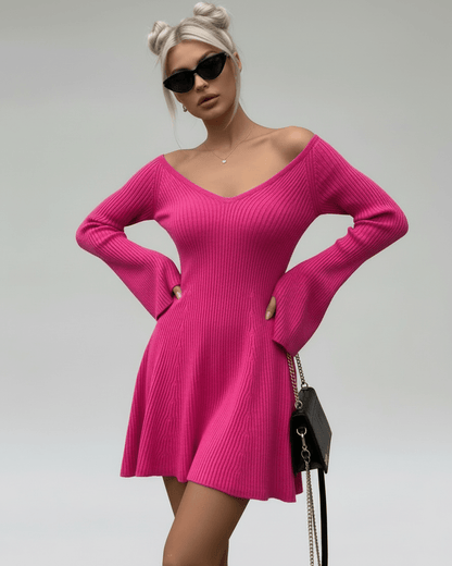 Dove Mini Dress in vibrant pink, featuring V neck and A-line silhouette, perfect for chic occasions - RAMBLION.