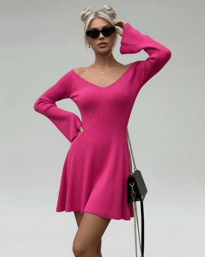 Dove Mini Dress in vibrant pink, V-neck, A-line silhouette by RAMBLION, perfect for any occasion, offering comfort and style.