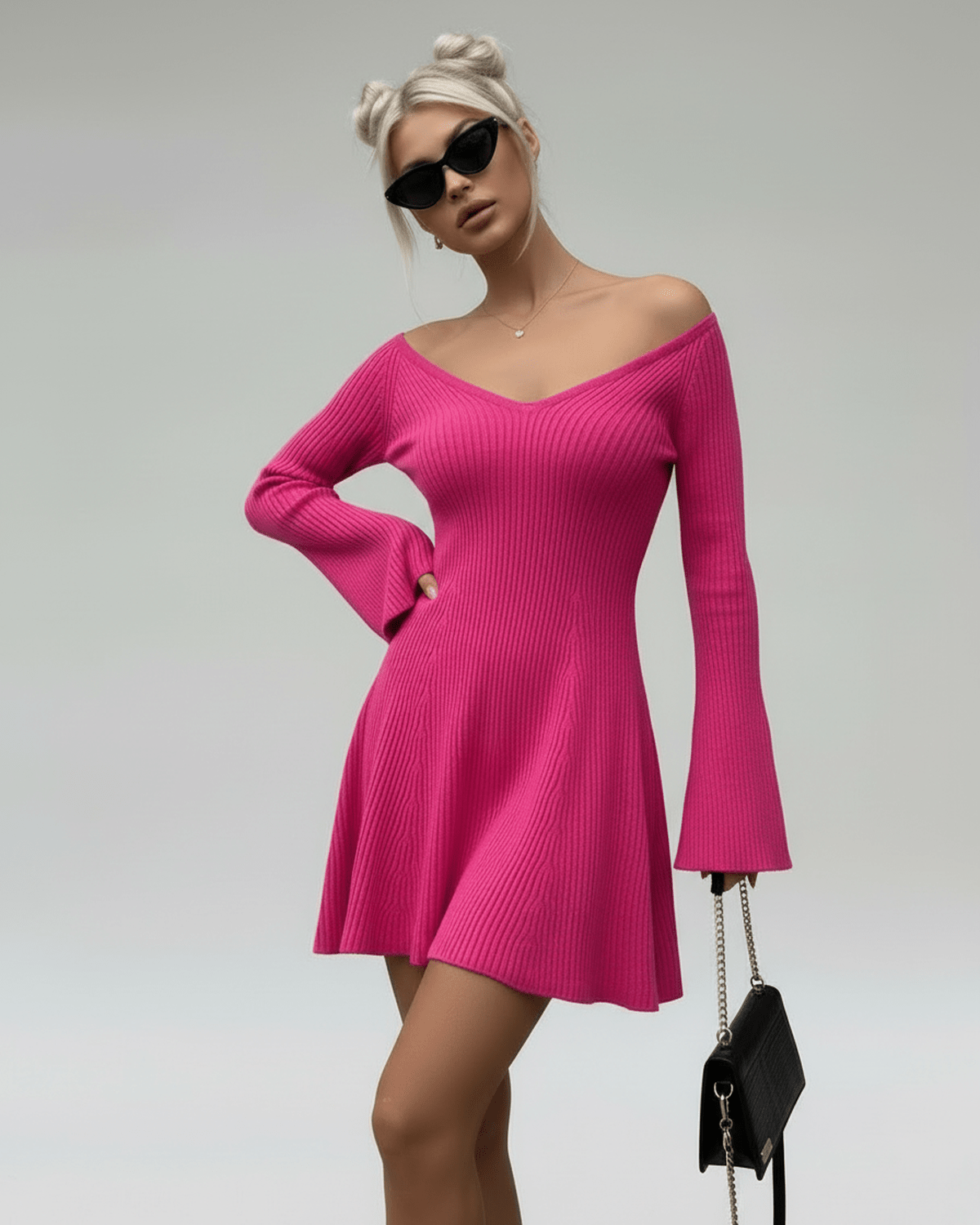 Dove Mini Dress in vibrant pink, V Neck, A-line silhouette, chic & comfortable for any occasion by RAMBLION.
