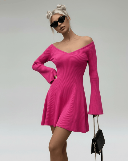Dove Mini Dress in vibrant pink, V Neck, A-line silhouette, chic & comfortable for any occasion by RAMBLION.
