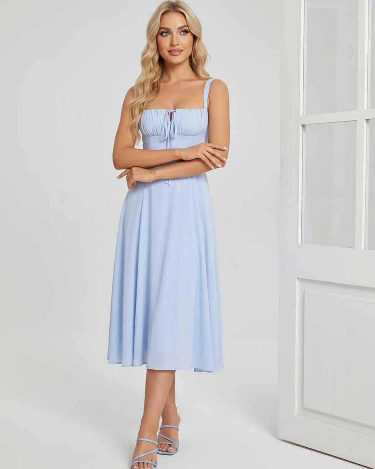 Ramblion Eda midi dress — square neck neckline · side detail · styled for cocktail season